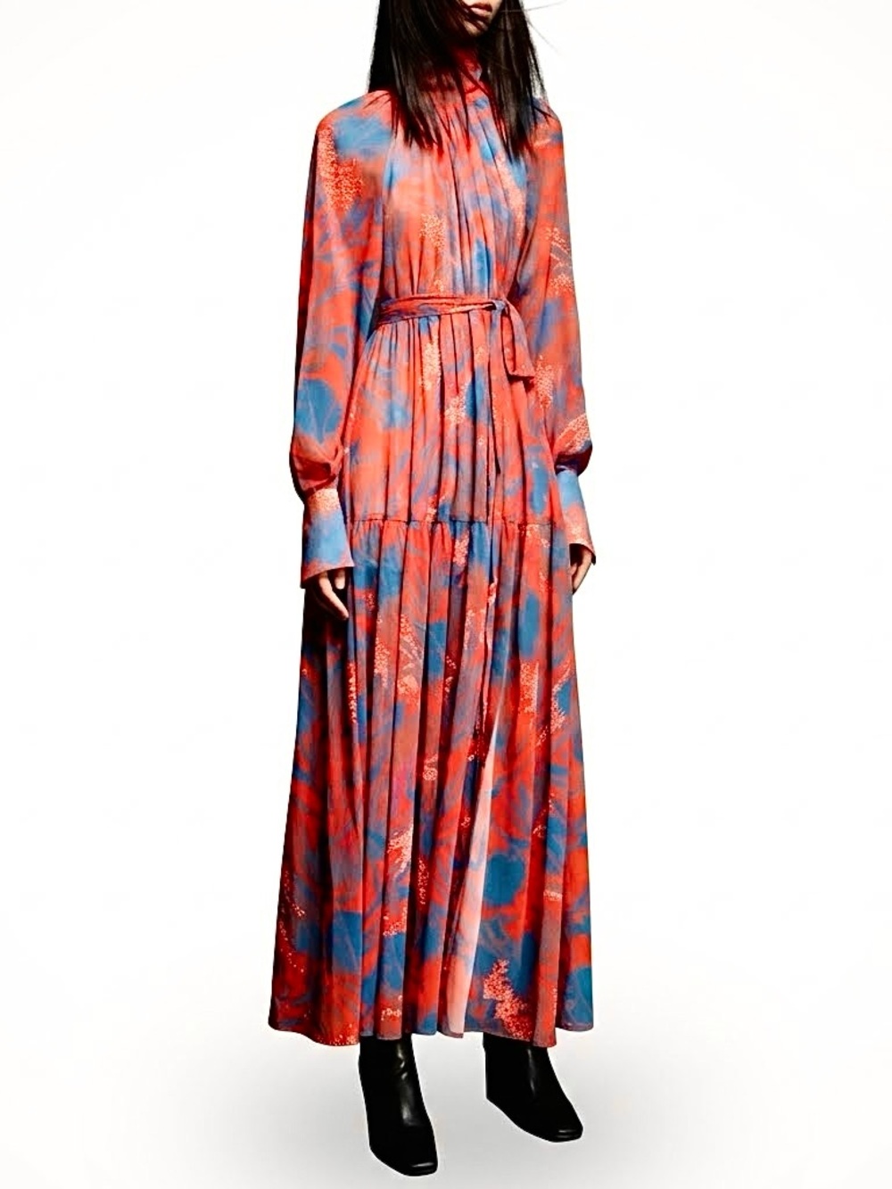 Urban Revivo Tiered High Neck Maxi Dress Blue Red Vibrant Print Wedding Guest L
